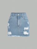 Plus Size Summer Casual Denim Skirt With Distressed And Frayed Edges