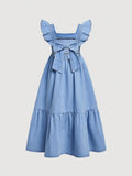 Girls' Blue Denim Dress With Bowknot, Square Collar And Ruffled Hem
