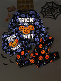 2pcs Older Boys' Glow-In-The-Dark Halloween Ghost & Bat Pumpkin Print Snug Fit Sweatshirt & Pants Pajama Set