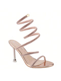 BELOVELY[FAIRY-1]Women Rhinestone Spiral Ankle Wrap Strap High Heels Sandals