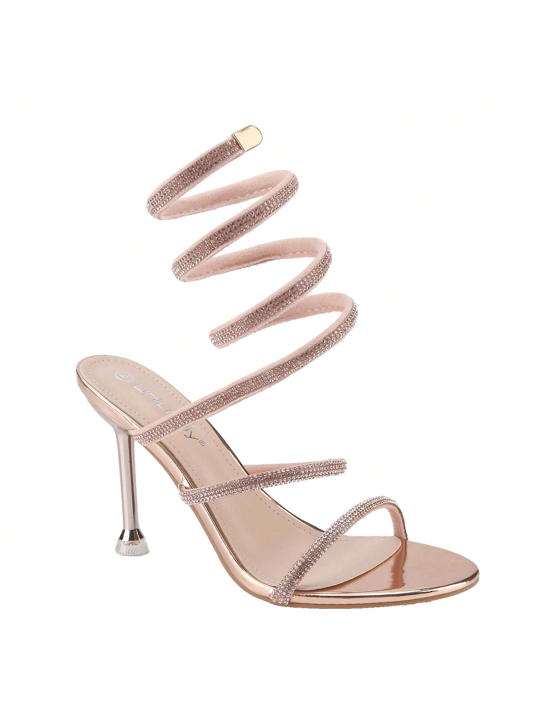 BELOVELY[FAIRY-1]Women Rhinestone Spiral Ankle Wrap Strap High Heels Sandals