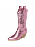 Mostrin Cowgirl Cowboy Boots Square Toe Mid-Calf Boot Chunky Block Heeled Pull On Western Boot