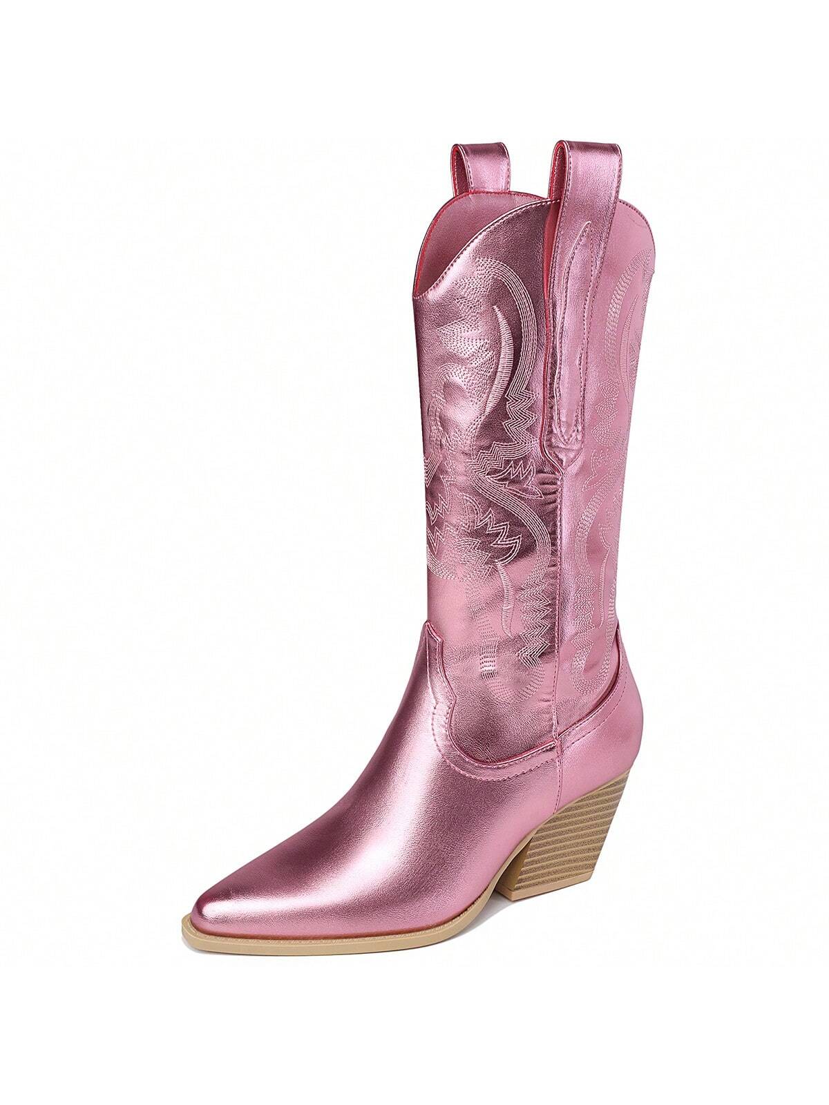 Mostrin Cowgirl Cowboy Boots Square Toe Mid-Calf Boot Chunky Block Heeled Pull On Western Boot