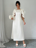 Women's Summer Elegant Feather Patchwork Open Shoulder Long Dress, Luxurious And Graceful