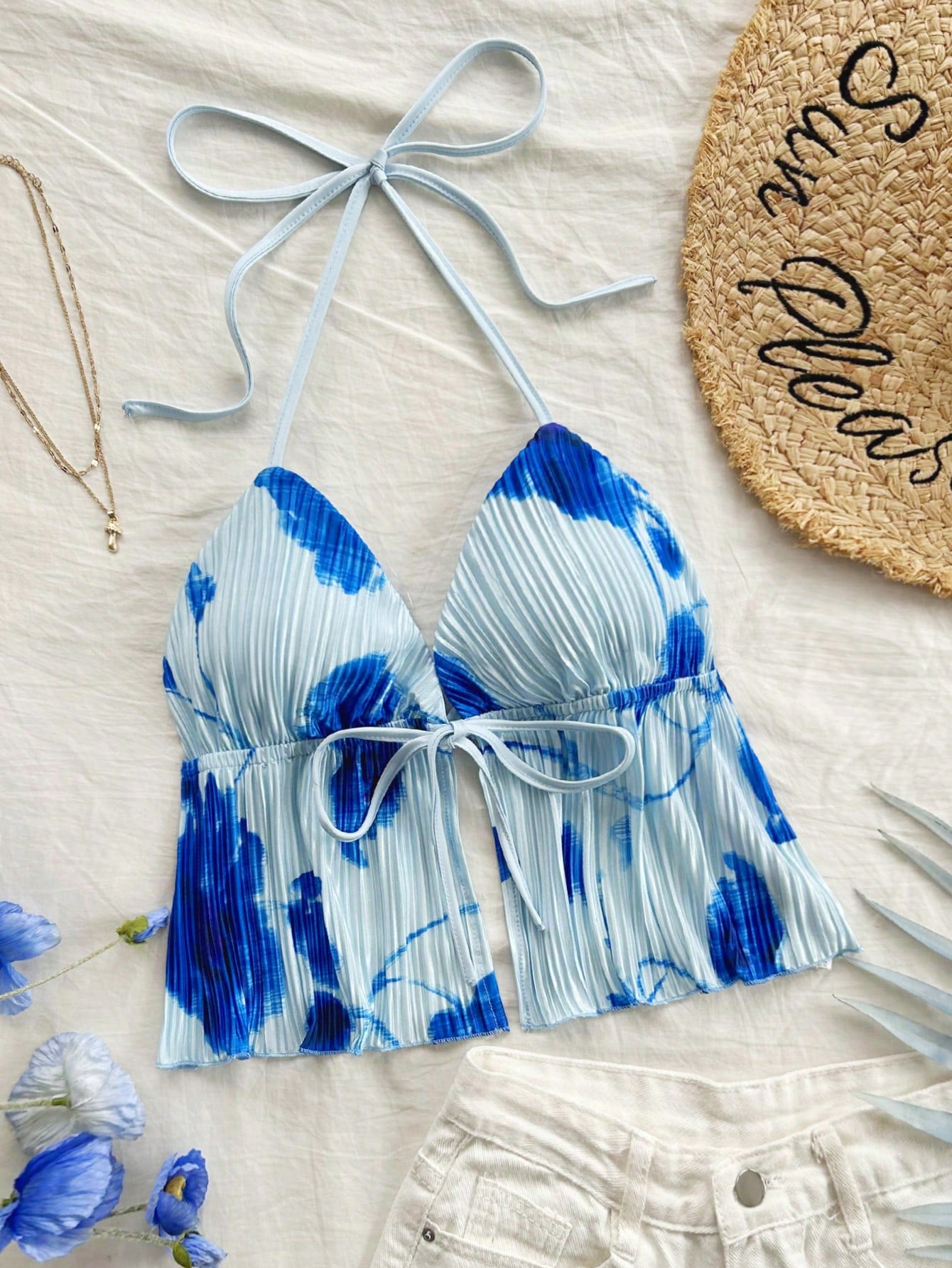 Ladies' Vacation Style Red Tie Dye Floral Print Front Tie Halter Sexy Summer Camisole With Bowknot