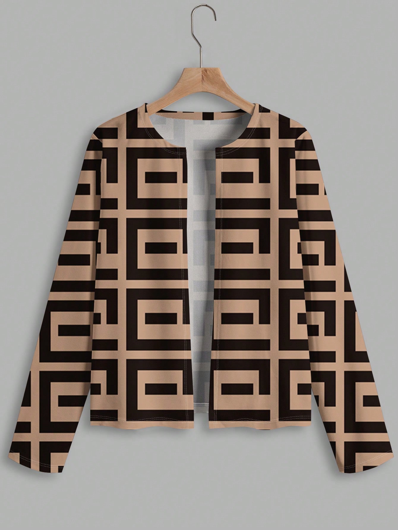 Plus Size Elegant Printed Short Jacket With Contrast Color Edges, Autumn/Winter