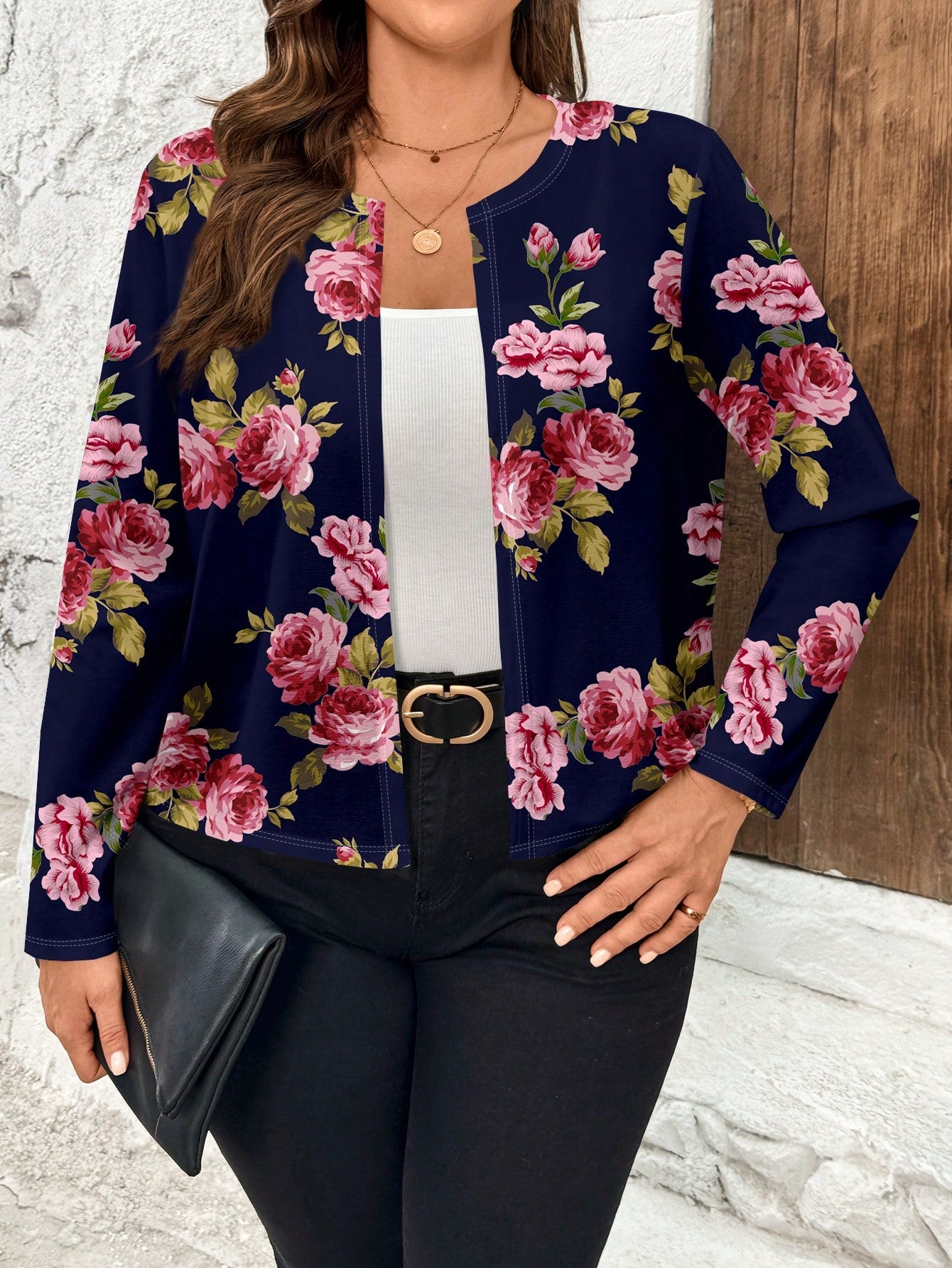 Plus Size Elegant Printed Short Jacket With Contrast Color Edges, Autumn/Winter