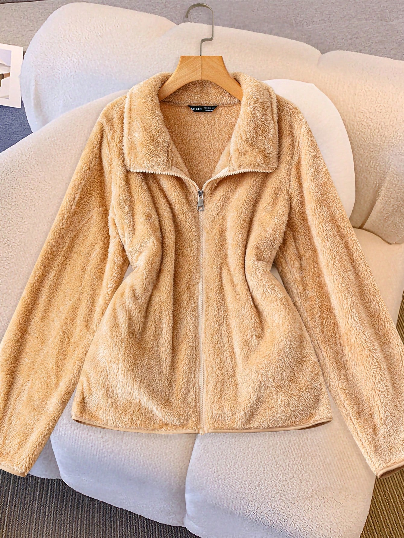 Solid Color Front Zipper Long Sleeve Faux Sheepskin Coat, Simple And Casual For Daily Wear