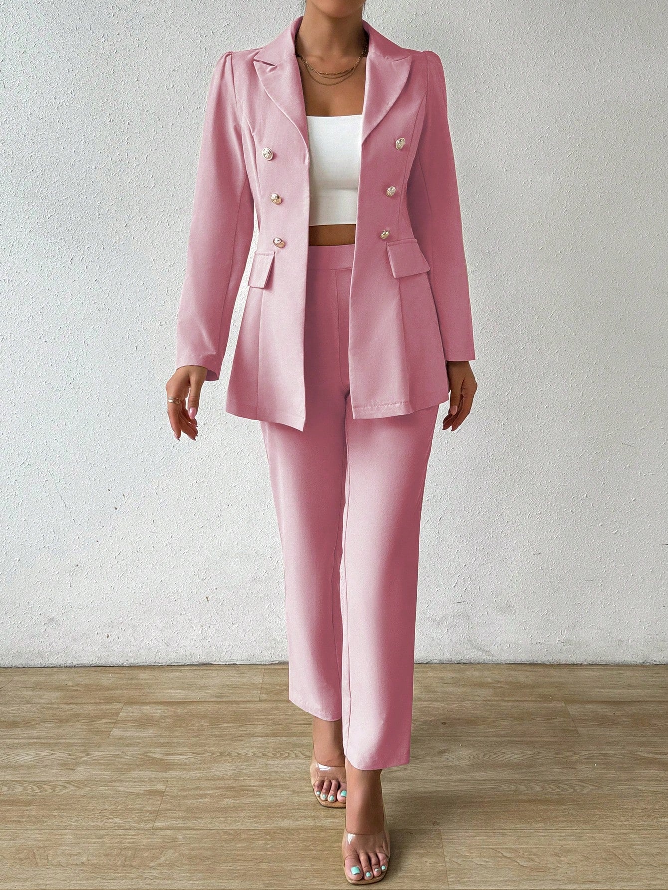 Spring/Autumn Casual Solid Color Double-Breasted Suit Jacket And Pants Set