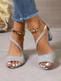 Ladies' Fashionable Suede High Heel Chunky Heel Peep-Toe Casual Sandals, Spring Summer