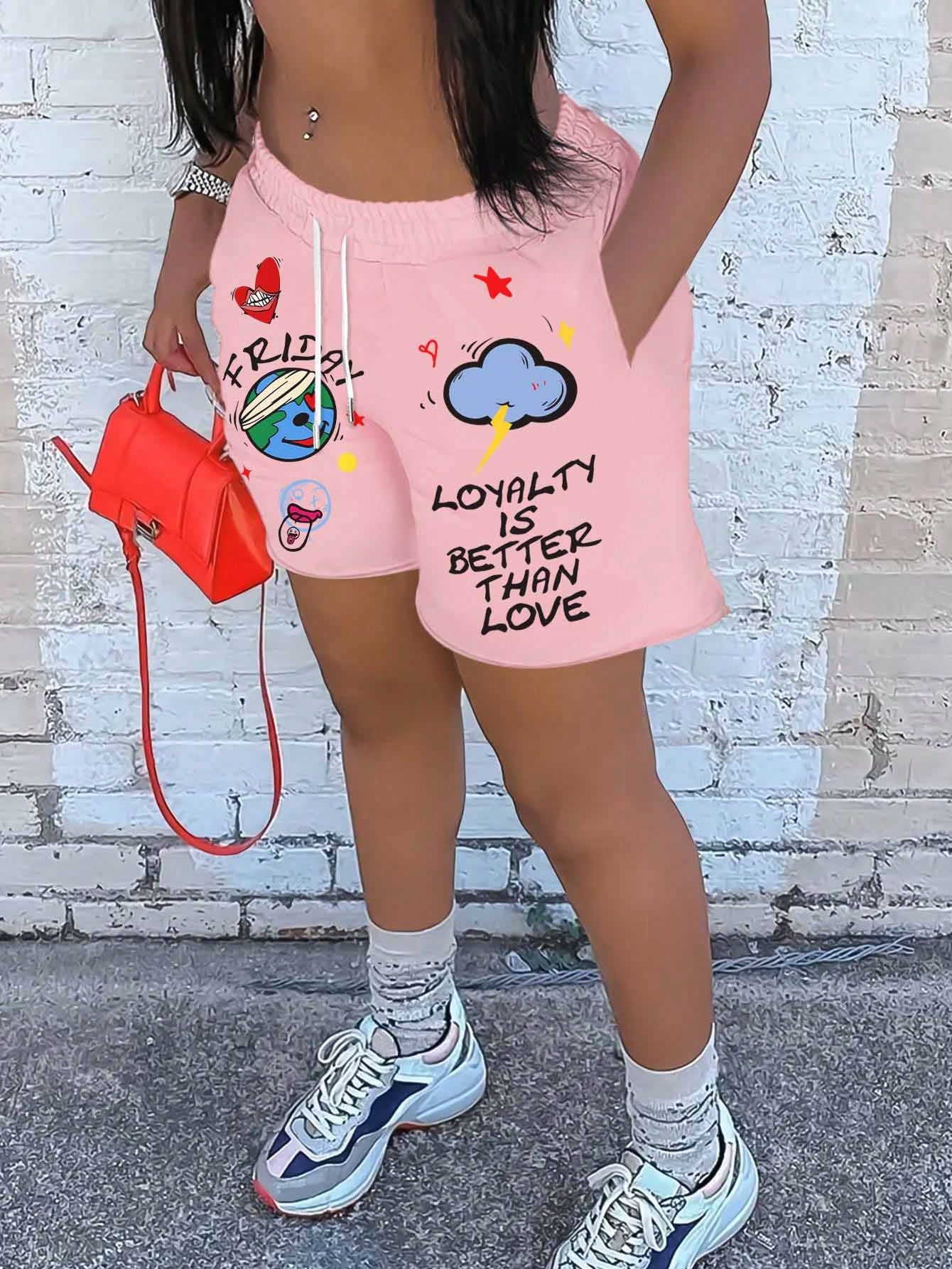 Women's Slogan Cloud Printed Drawstring Waist Pocket Casual Shorts