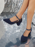 Navy Blue Women's Fashion Closed Toe Chunky Heel Sandals, Summer Casual Versatile High Heels