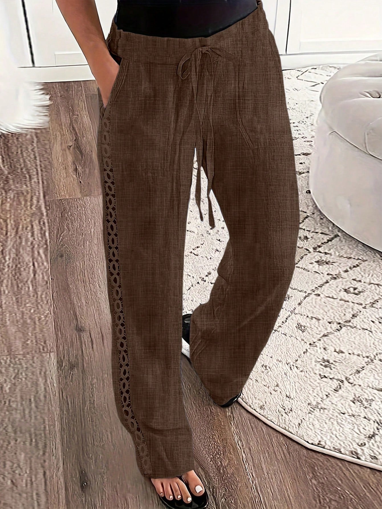 Women's Solid Color Waist Belted Wide Leg Casual Pants With Side Lace Border