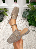 Women's New Fashion Lattice Rhinestone Buckle Loafers, Casual Comfy Slip On Square Toe Mules, Summer Breathable Low Heel Slides