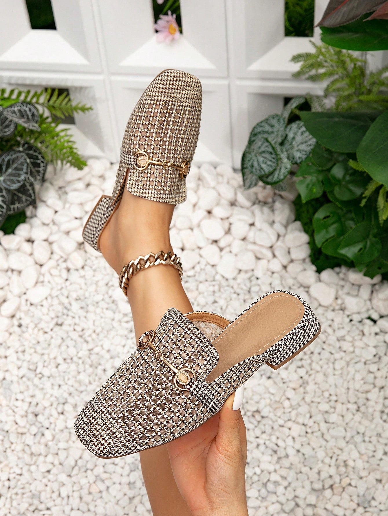 Women's New Fashion Lattice Rhinestone Buckle Loafers, Casual Comfy Slip On Square Toe Mules, Summer Breathable Low Heel Slides