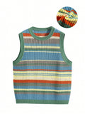 American Style Color Block Stripe Hollow Knitted Sleeveless Sweater Vest Top, Summer Casual