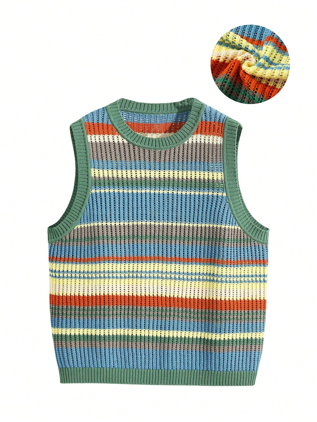American Style Color Block Stripe Hollow Knitted Sleeveless Sweater Vest Top, Summer Casual