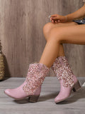 Black PU Leather Patchwork Shiny Sequin Pearl Women's Irregular Patterned Chunky Heel Round Toe Casual Knight Cowboy Mid-Calf Boots