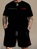Men's Oversized 'PARIS' Letter Print T-Shirt And Drawstring Waist Shorts Casual Set