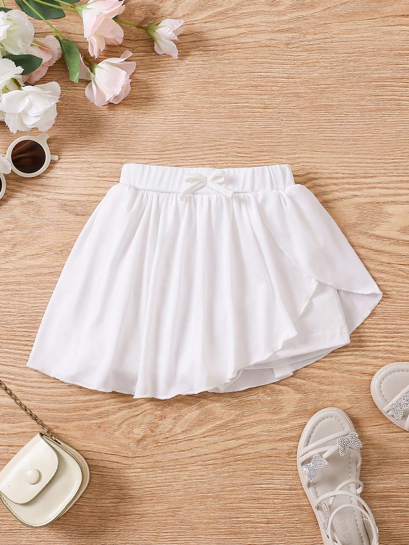 Young Girls Solid Color Asymmetrical Hem Skort With Bow Decoration, Casual