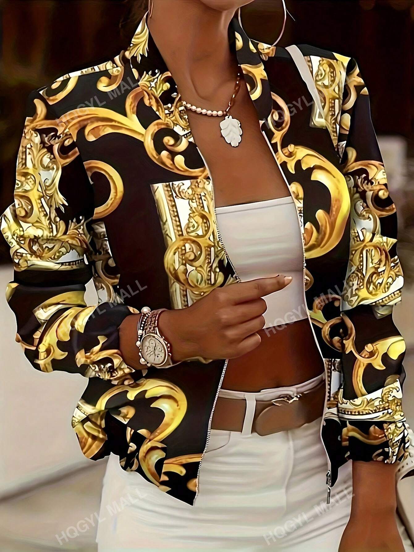 Floral Print Bomber Jacket, Vintage Zipper Long Sleeve Coat