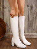 Kendall Style Square Toe Chunky Heel Tall Boots, Faux Leather Equestrian Boots, Women's Winter Warm Lined Boots, White Boots