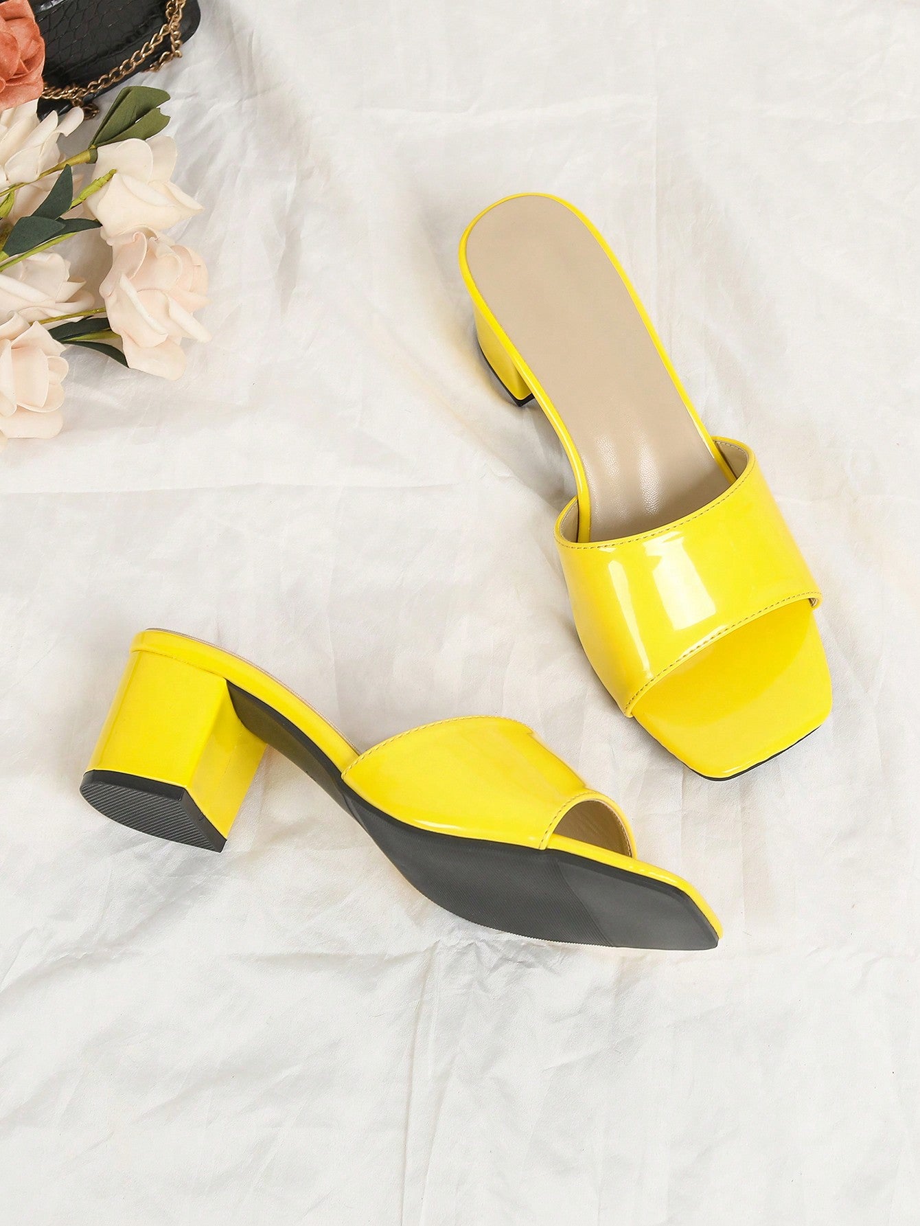 New Fashionable Ladies' Versatile Patent Leather Yellow High Heel Sandals