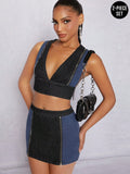 Haute Colorblock Zip Denim Top & Skirt Two Piece Set