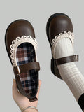 French Retro Soft & Cute Lace Shallow Mouth Round Toe School Style Flat Marin Jane Comfortable Casual Leather Shoes