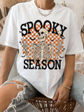 Plus Size Crew Neck Skull & Letter Print Short Sleeve T-Shirt, Summer