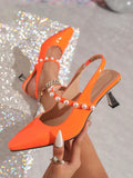 6cm Orange Patent Leather Peep-Toe High Heels With Pearl Decor, Fashionable Ladies Sandals
