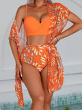 Women's Summer Tropical Print Sexy Bikini Set With Separable Top And Bottom, Matching Short Sleeve Kimono