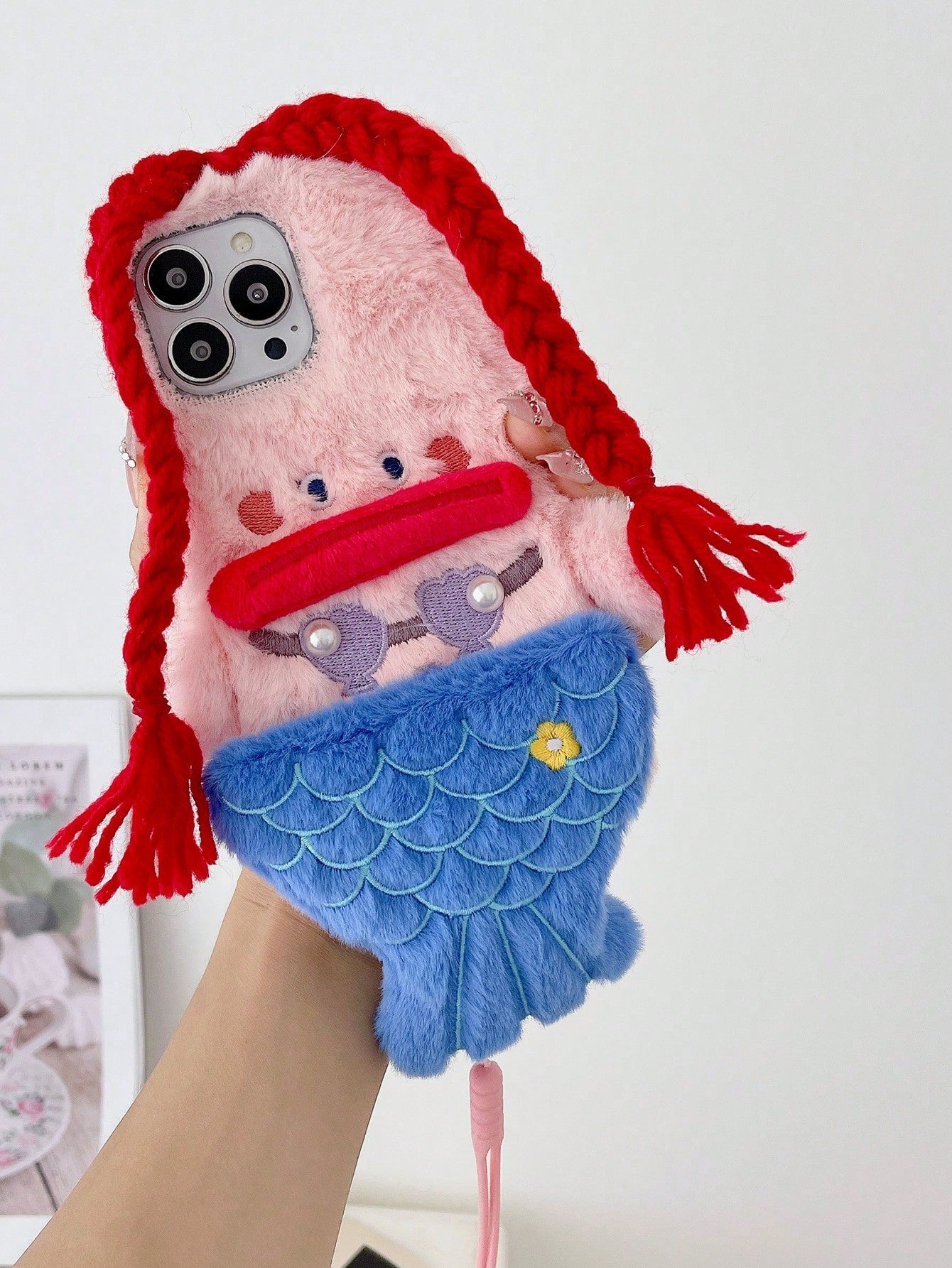 Fashionable 3D Creative Ugly Cute Cartoon Lovely Plush Big Lips Mermaid Anti-Fall Plush Case With Braids For DIY, Compatible With Apple IPhone 11/12/13/14/15 Pro Max