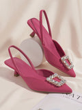 Women's High Heels - 2024 Spring & Summer New Shallow Pointed Toe Sandals, Elegant Square Rhinestone Buckle Decor, Kitten Heel, Thin Strap Backless Mules, Comfortable Commuting & Casual Low Heels