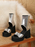 Square Toe Platform Thick Heel Silver Zip-Up Ankle Boots For Women