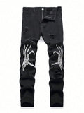 Teen Boy's Fashionable Skeleton Hand Print Ripped Denim Jeans