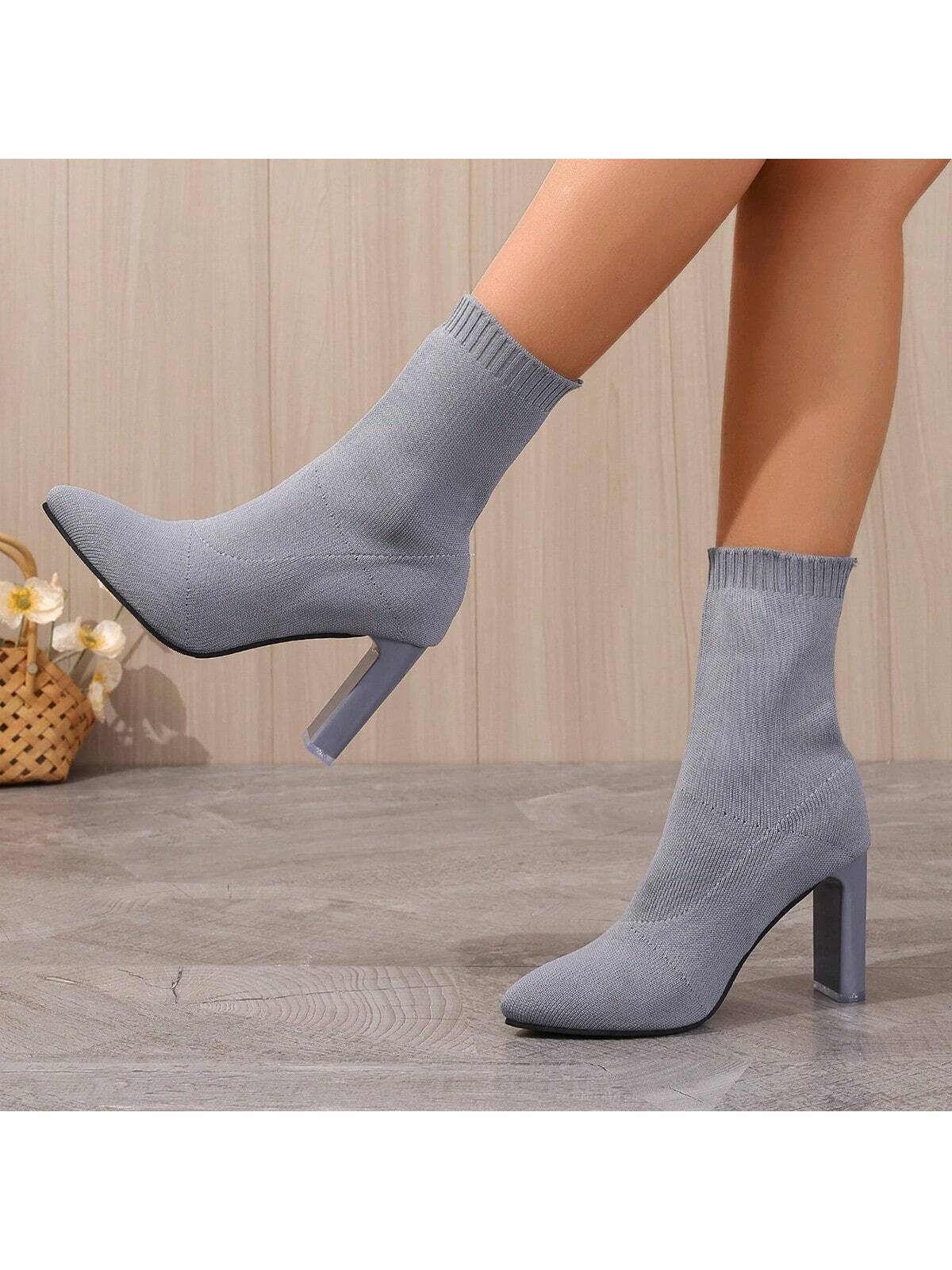 Women's New Outdoor High Heel Knitted Solid Color Breathable Pointed Toe Fashion Boots