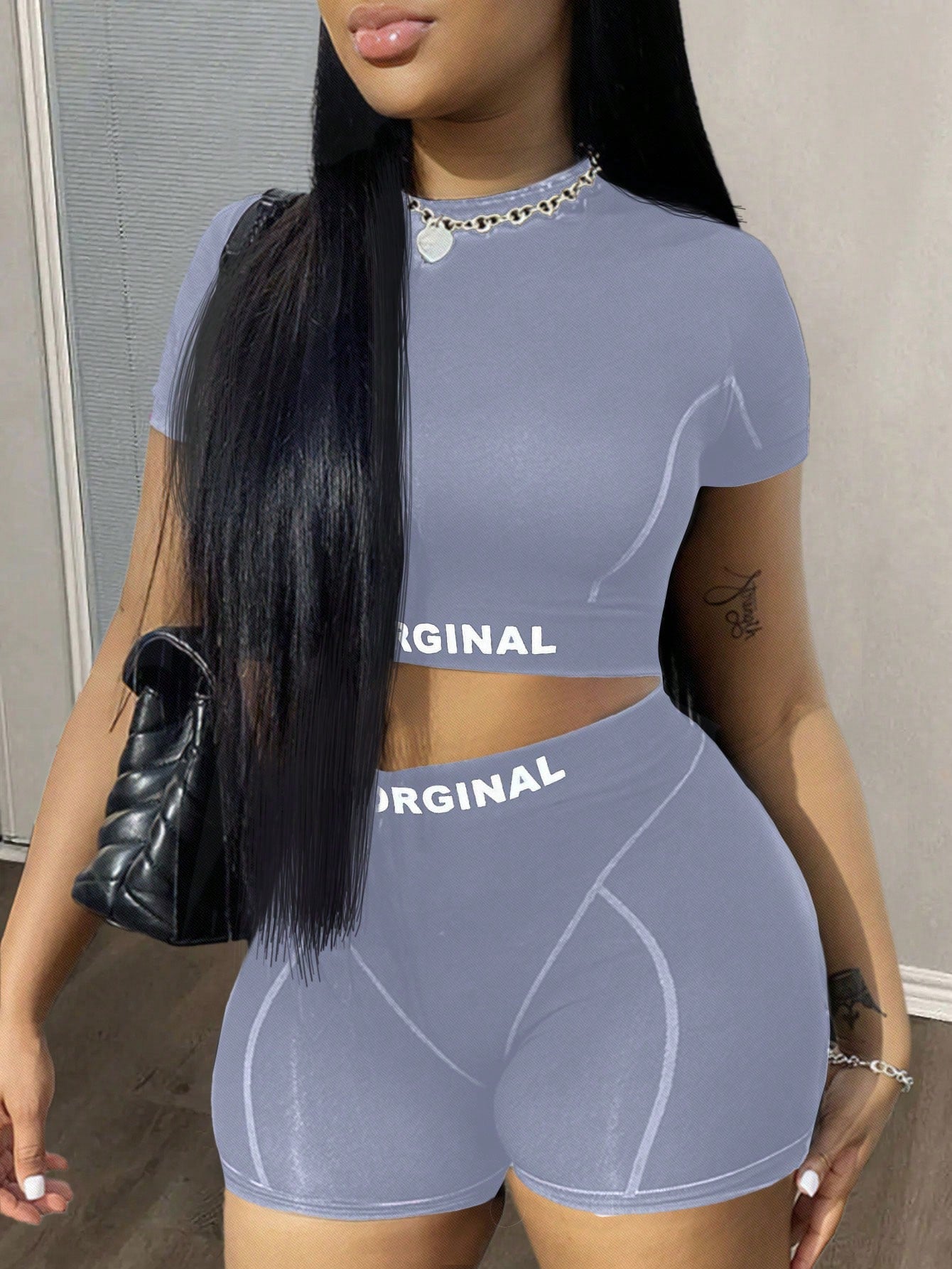 Summer Casual Simple Basic Round Neck Short-Sleeved Contrasting Color Princess Line Cropped Top Mini Cycling Contour Line Top-Line Decorative Shorts With Label Slogan English Letters Slim Fit Women's Two-Piece Set-H
