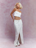 MISSGUIDED Button Through Bandeau Denim Top And Front Slit Denim Maxi Skirt Co-Ord Set College Ready