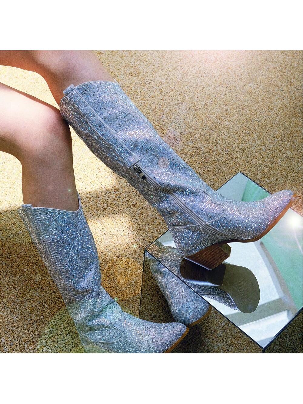CIERWS Women's Rhinestone Boots Knee High Cowgirl Boots Cowboy Boots Medium Heel Chunky Heel Fashion Retro Classic Color Boot
