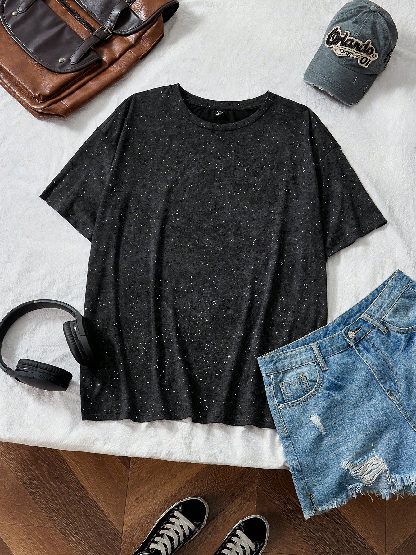 Plus Size Acid Washed Look Vintage Knitted Distressed Loose Fit Short Sleeve T-Shirt