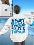 Casual Simple Smile Face Slogan English Letter Print Oversized Crew Neck Long Sleeve Women's Sweatshirt, Suitable For Beach, Fall/Winter Season