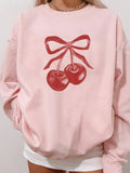 Women's Y2K Style Loose Fit Sweatshirt With Cherry & Bowknot Prints, Round Neck And Drop Shoulder Sleeves, For Spring And Autumn