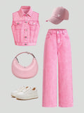 Teen Girls' Summer Fashionable Street Style Cool Girl Pink Denim Outfit