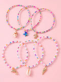 6pcs/Set Girls' Summer Beach Style Sea Creature Pendant Beaded Anklets