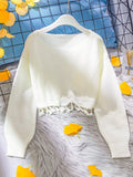Girls White Cropped Fashionable Loose Fringe Wavy Hem Knit Sweater
