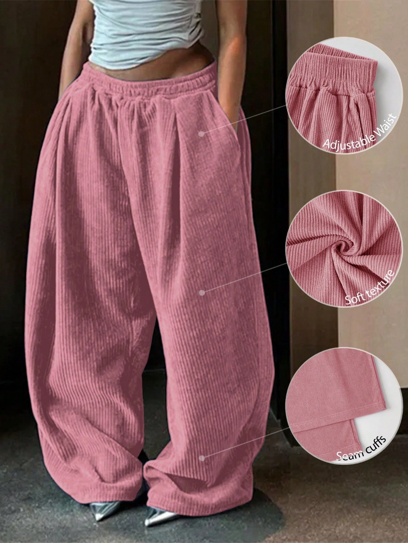 Solid Ruched Casual Wide Leg Pants For Dailywear