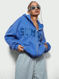 WOMEN Oversized Fit Zip Through Sweatshirt With Front Graphic Print