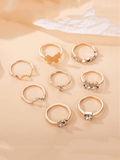 8pcs Sweet INS Style Butterfly Gold Color Ring Set With Heart Shaped Rhinestone Inlay