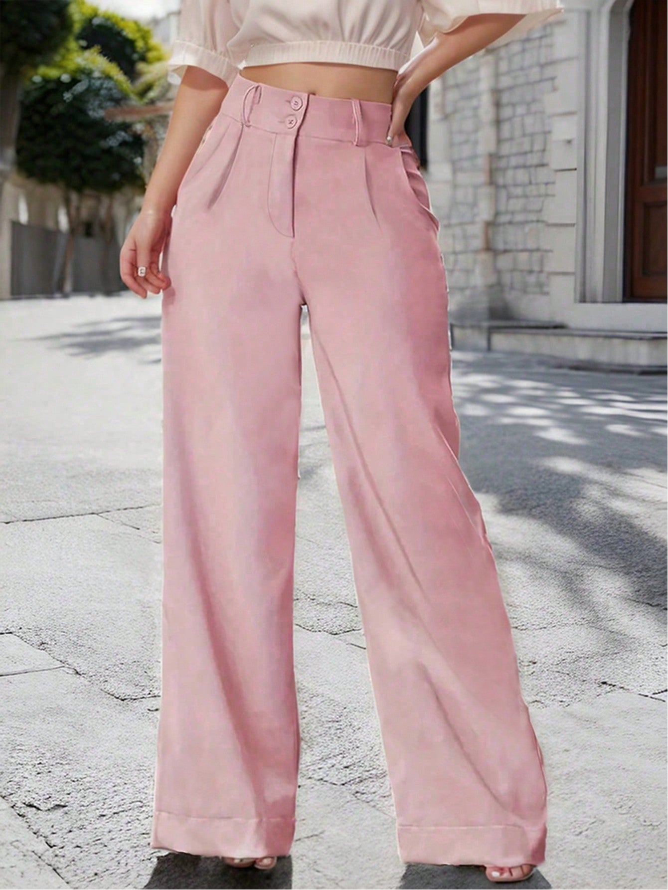 Solid Color Pleated Wide Leg Pants With Diagonal Pockets